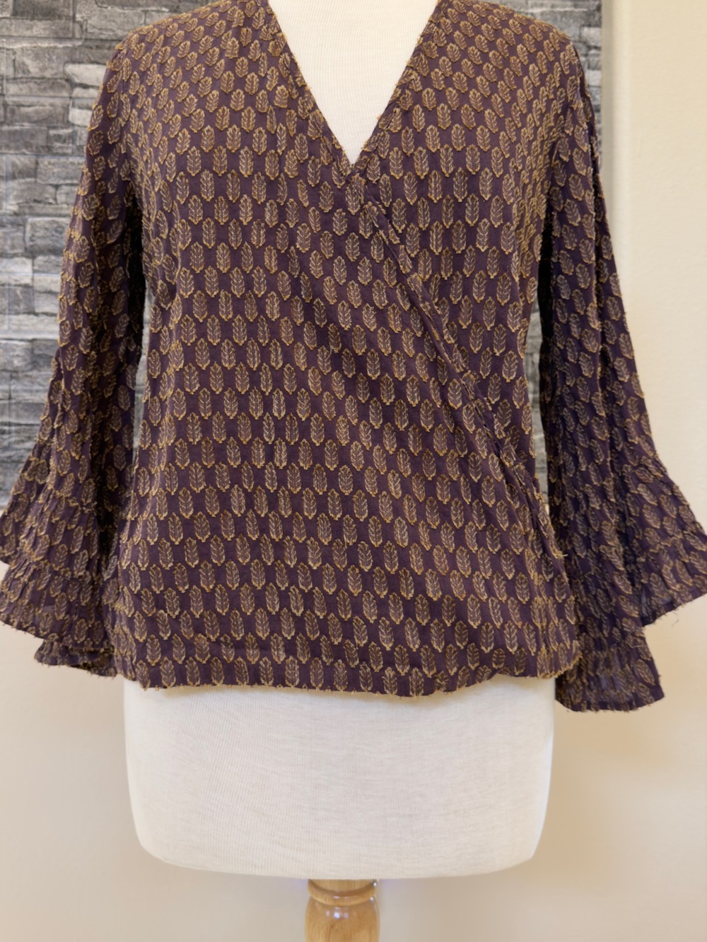 lovestitch Maroon and Gold Patterned Top With Flare Midi Sleeves